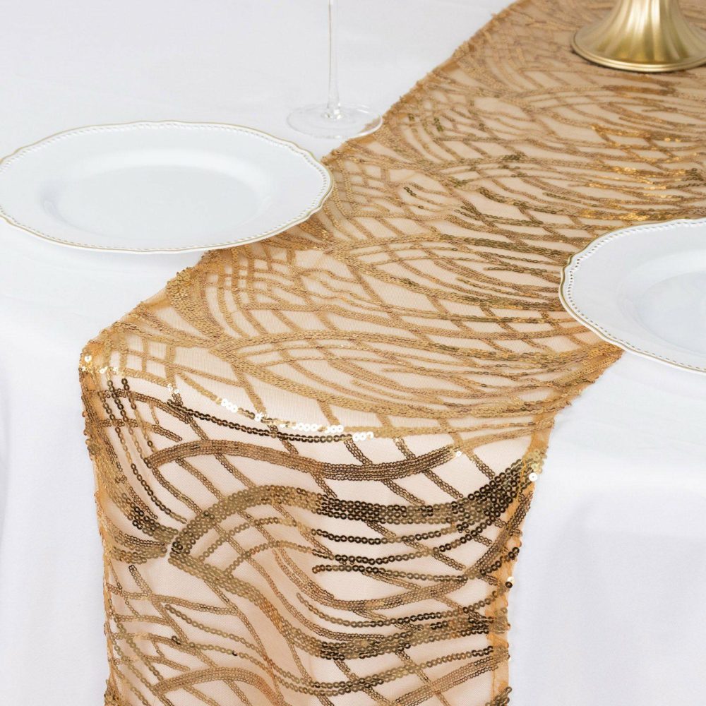 Gold Wave Embroidered Sequins Table Runner 12″x108″  |   Sequin Sequin Gold/Wave sequins