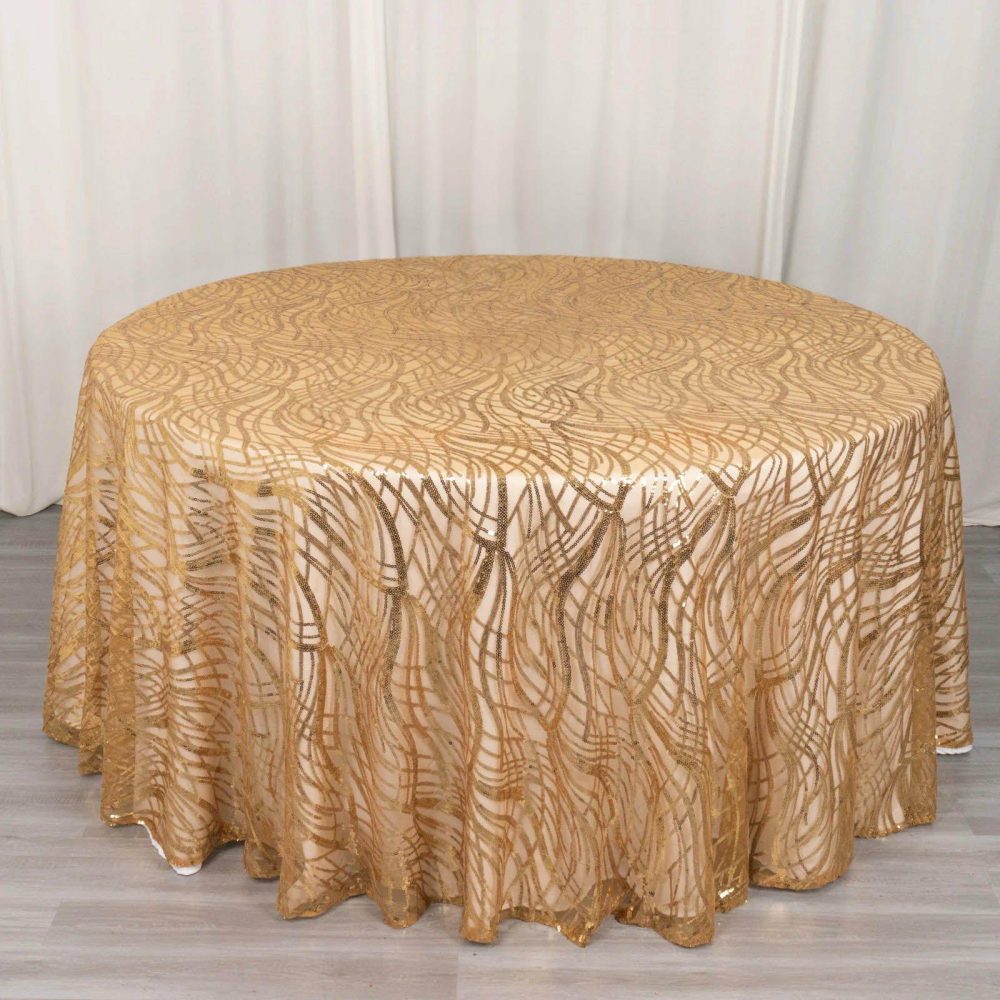 Gold Wave Mesh Round Tablecloth With Embroidered Sequins 120″ for 5 Foot Table With Floor-Length Drop  |   Sequin Sequin Gold