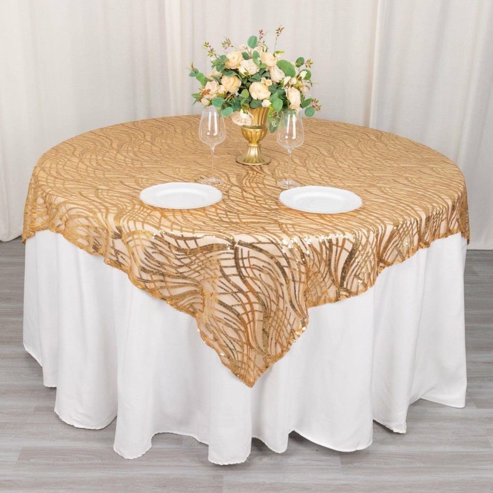 Gold Wave Mesh Square Table Overlay With Embroidered Sequins 72″x72″  |   Sequin Sequin Gold