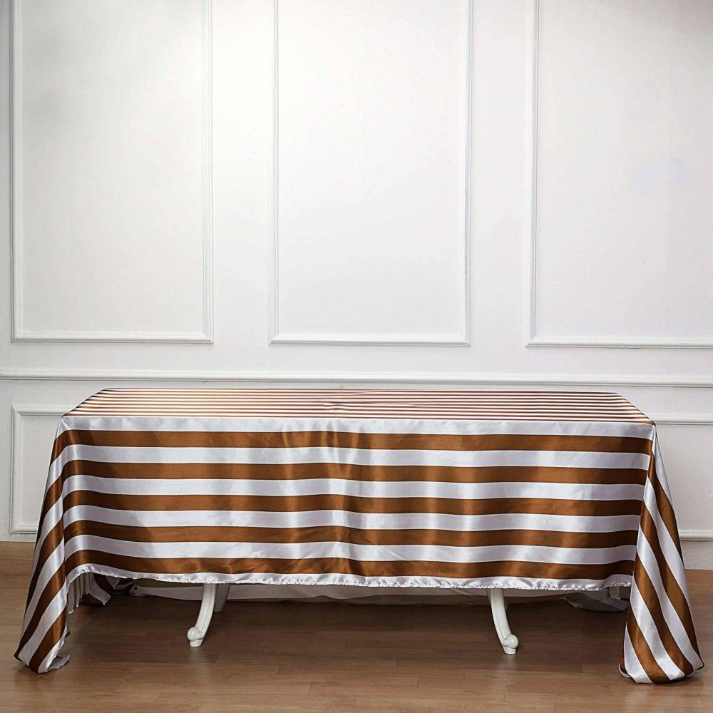 Gold / White Seamless Stripe Satin Rectangle Tablecloth 90″x156″ for 8 Foot Table With Floor-Length Drop  |   Satin Satin Gold