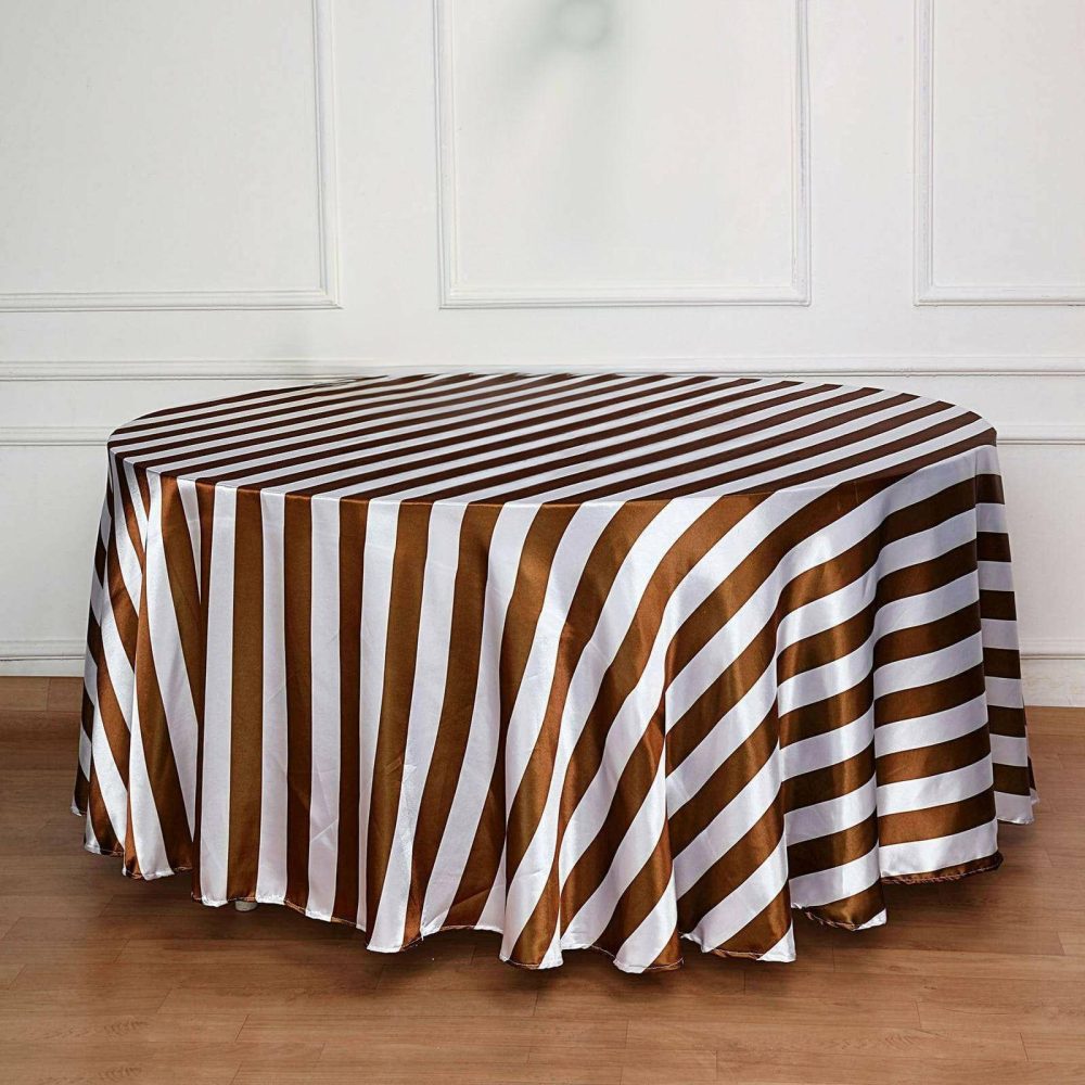 Gold / White Seamless Stripe Satin Round Tablecloth 120″ for 5 Foot Table With Floor-Length Drop  |   Satin Satin Gold