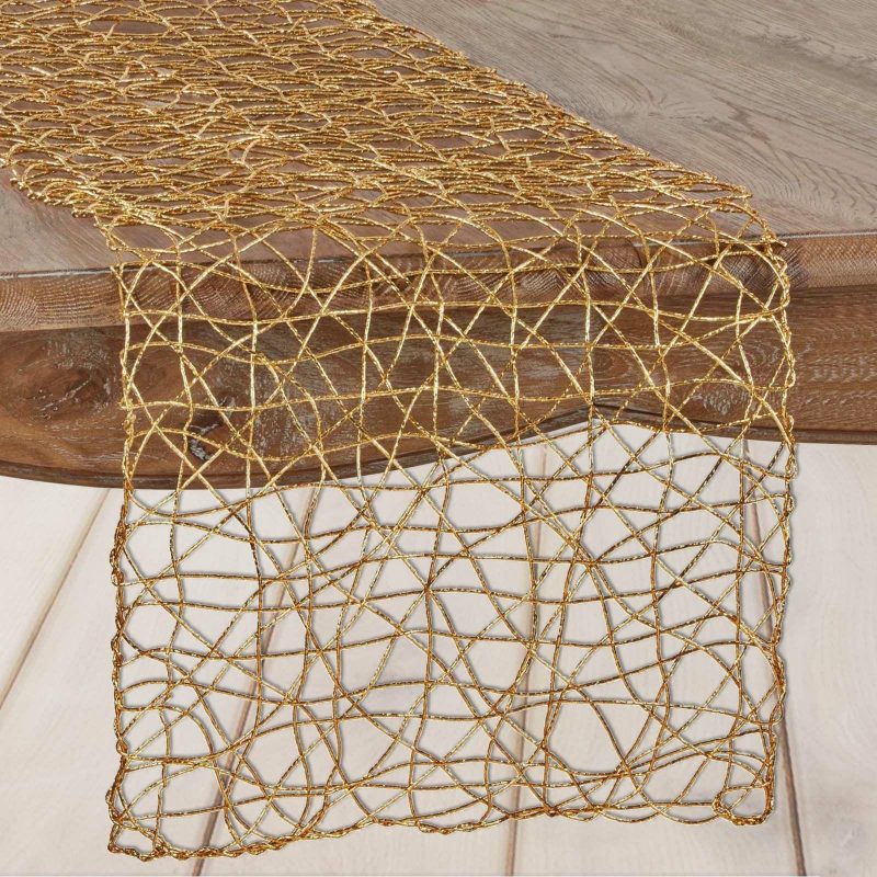 Gold Wire Nest Table Runner, Metallic String Woven Runner 16″x72″  |   Stylish Stylish Gold