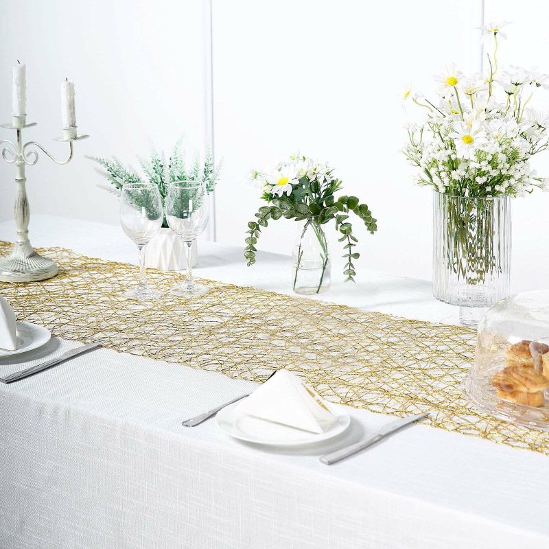 Gold Wire Nest Table Runner, Metallic String Woven Runner 16″x72″  |   Stylish Stylish Gold