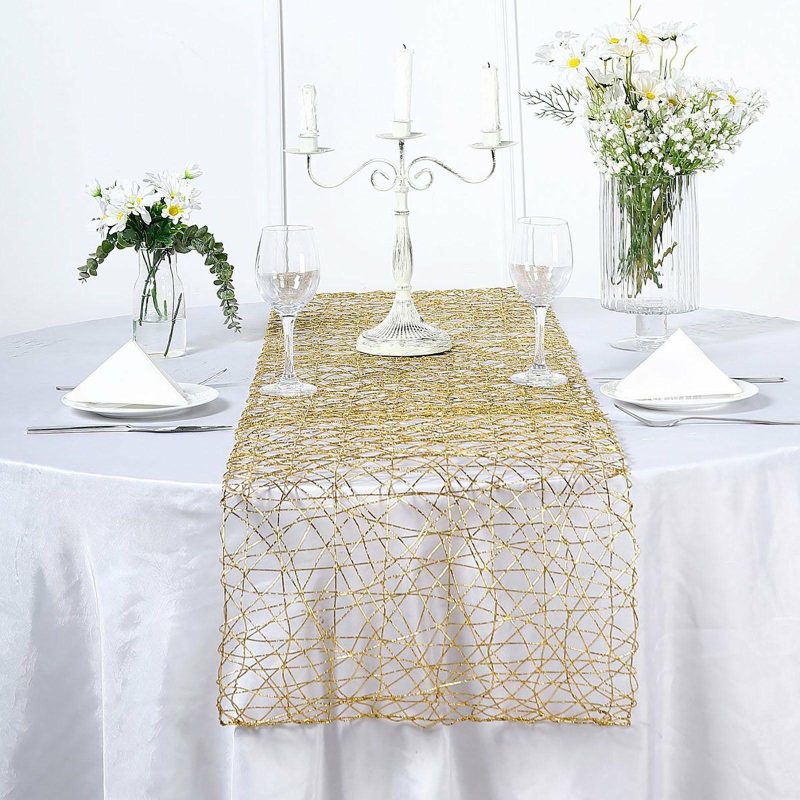 Gold Wire Nest Table Runner, Metallic String Woven Runner 16″x72″  |   Stylish Stylish Gold