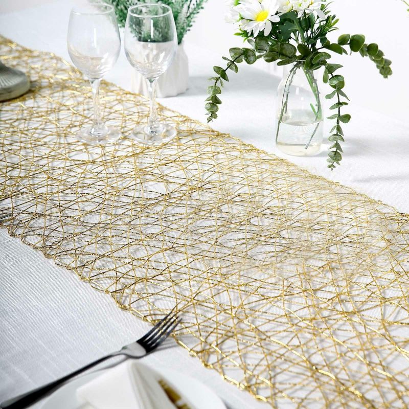 Gold Wire Nest Table Runner, Metallic String Woven Runner 16″x72″  |   Stylish Stylish Gold