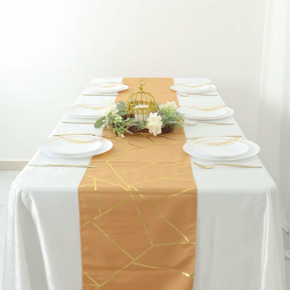 Gold With Gold Foil Geometric Pattern Table Runner 9ft  |   Polyester Polyester Gold