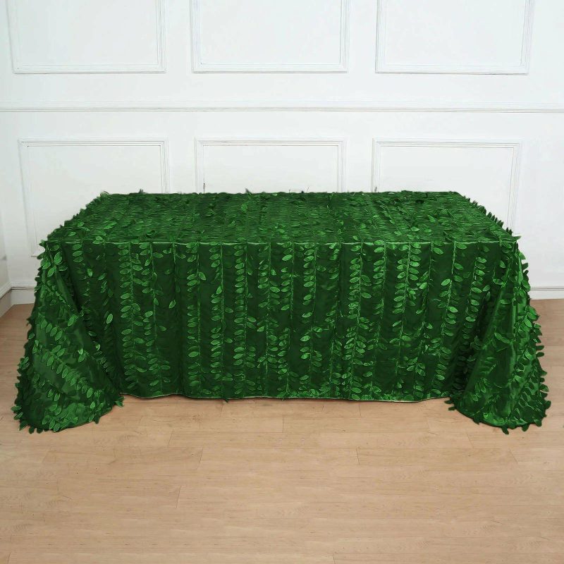 Green 3D Leaf Petal Taffeta Fabric Seamless Rectangle Tablecloth 90″x156″ for 8 Foot Table With Floor-Length Drop  |   Pintuck, Crinkle & Leaf Pintuck, Crinkle & Leaf Green