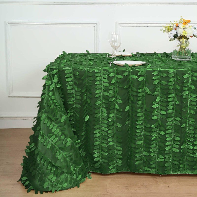 Green 3D Leaf Petal Taffeta Fabric Seamless Rectangle Tablecloth 90″x156″ for 8 Foot Table With Floor-Length Drop  |   Pintuck, Crinkle & Leaf Pintuck, Crinkle & Leaf Green