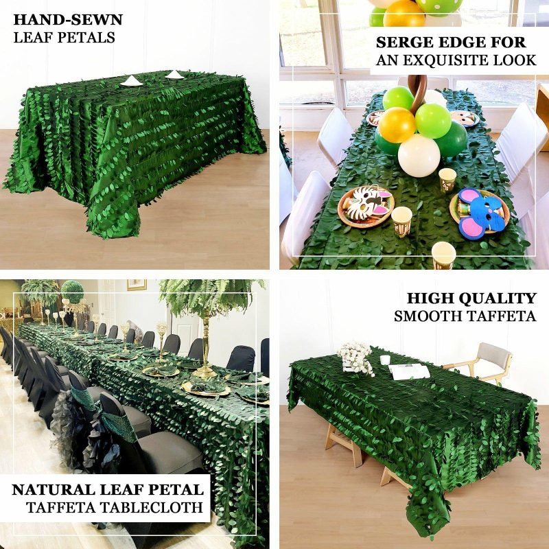 Green 3D Leaf Petal Taffeta Fabric Seamless Rectangle Tablecloth 90″x156″ for 8 Foot Table With Floor-Length Drop  |   Pintuck, Crinkle & Leaf Pintuck, Crinkle & Leaf Green