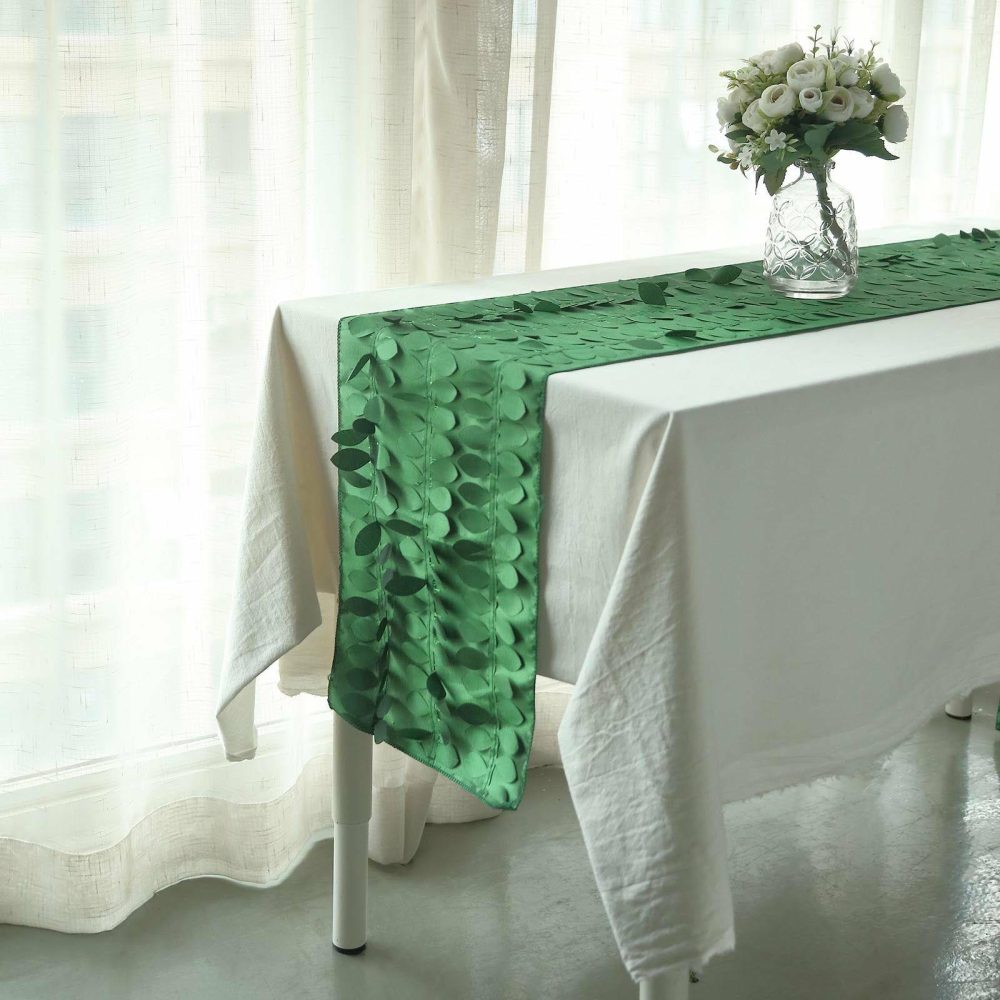 Green 3D Leaf Petal Taffeta Fabric Table Runner 12″x108″  |   Stylish Stylish Green