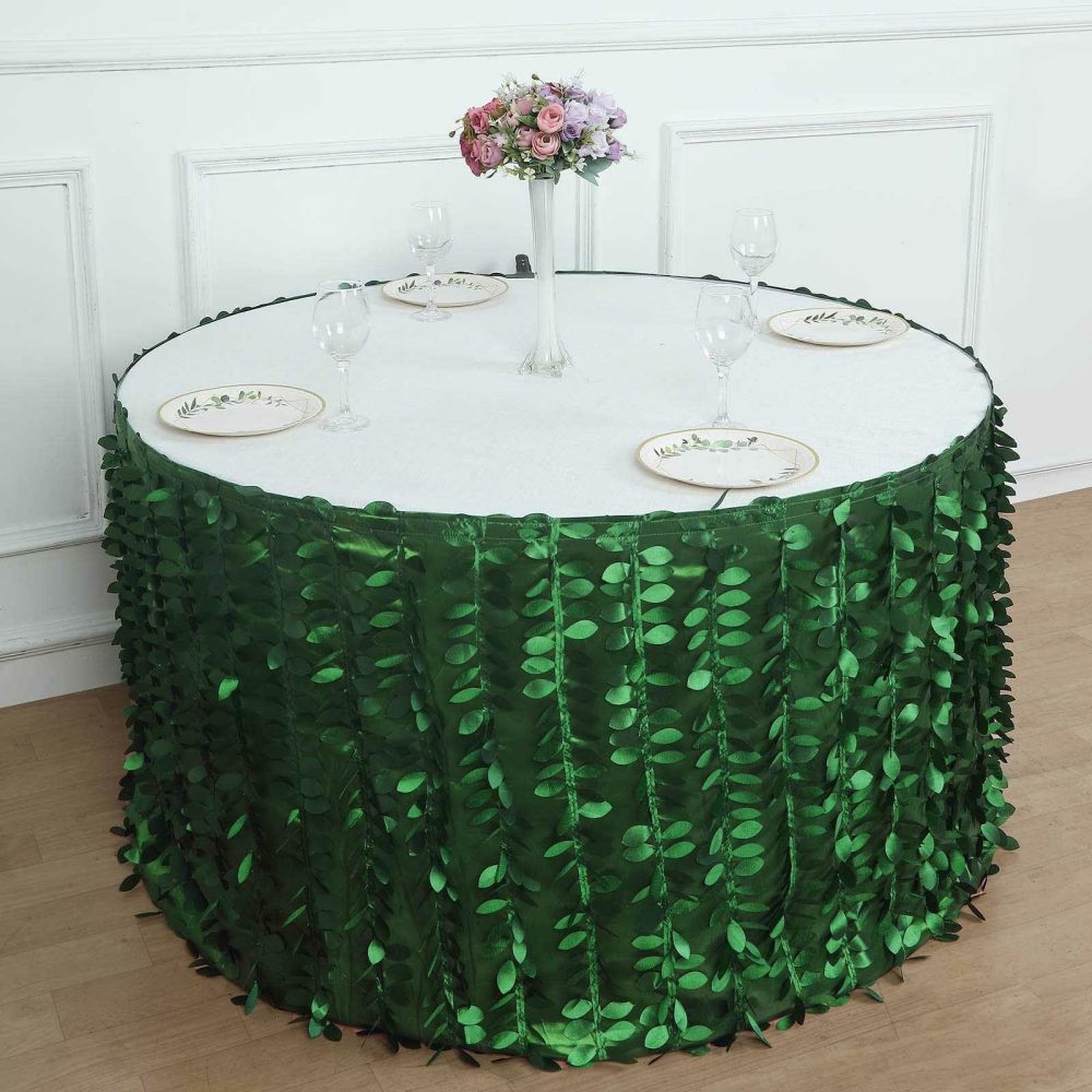 Green 3D Leaf Petal Taffeta Fabric Table Skirt – 14ft  |   Satin Shimmer Satin Shimmer Satin Shimmer