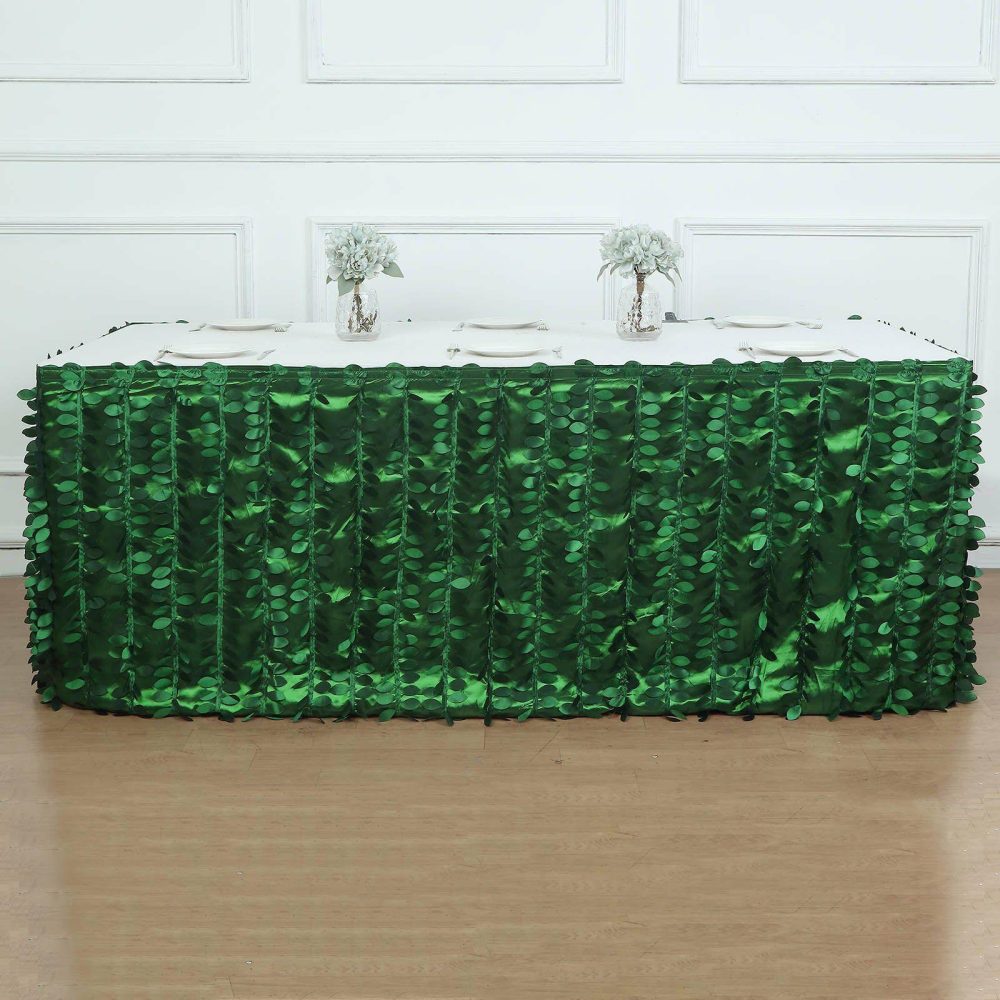 Green 3D Leaf Petal Taffeta Fabric Table Skirt – 17ft  |   Satin Shimmer Satin Shimmer Satin Shimmer