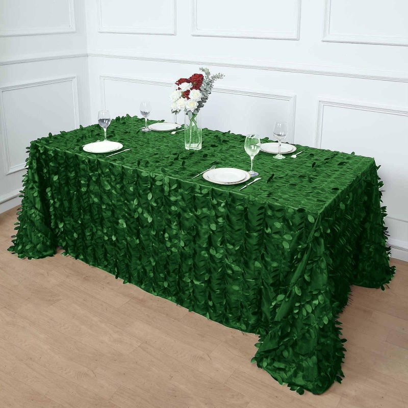 Green Leaf Petal Taffeta Seamless Rectangle Tablecloth 90″x132″ for 6 Foot Table With Floor-Length Drop  |   Pintuck, Crinkle & Leaf Pintuck, Crinkle & Leaf Green