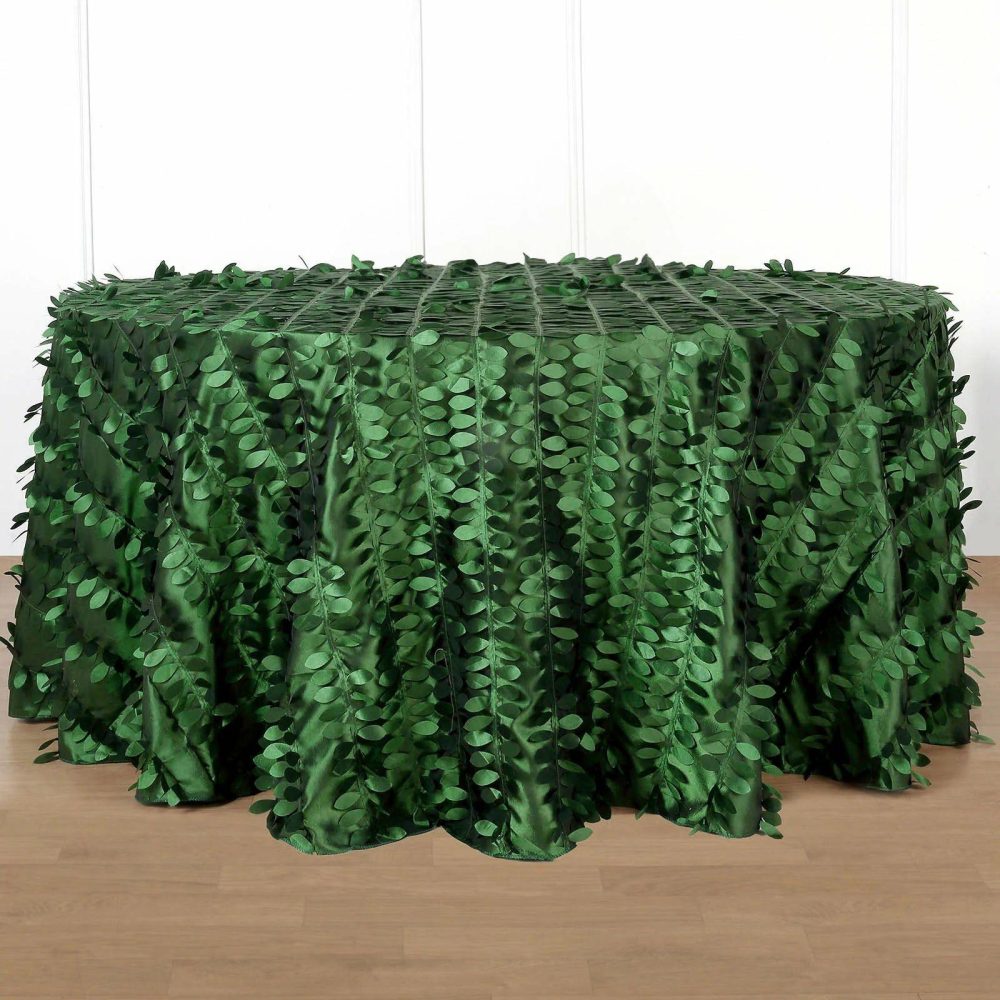 Green Leaf Petal Taffeta Seamless Round Tablecloth 120″ for 5 Foot Table With Floor-Length Drop  |   Pintuck, Crinkle & Leaf Pintuck, Crinkle & Leaf Green