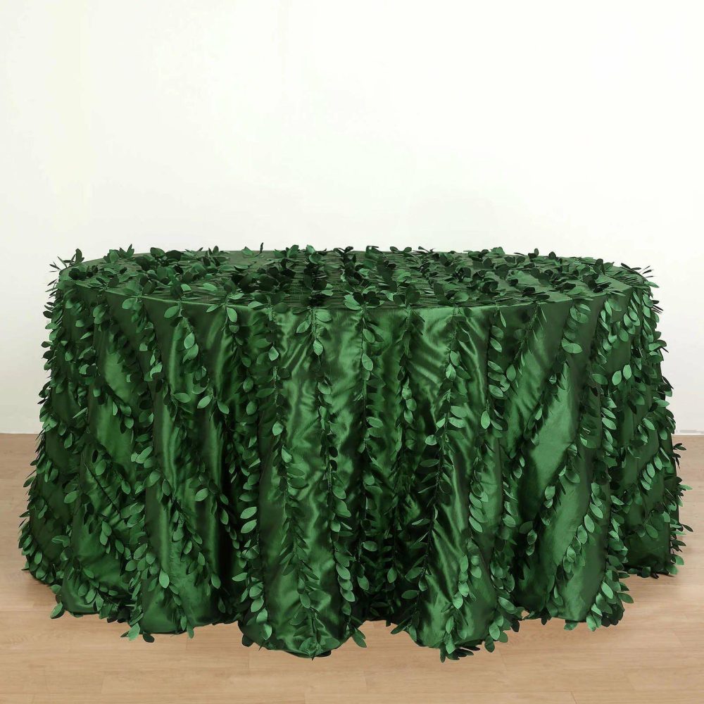 Green Leaf Petal Taffeta Seamless Round Tablecloth 132″ for 6 Foot Table With Floor-Length Drop  |   Pintuck, Crinkle & Leaf Pintuck, Crinkle & Leaf Green