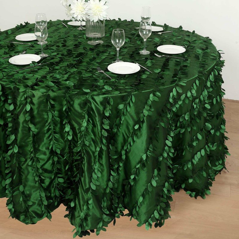 Green Leaf Petal Taffeta Seamless Round Tablecloth 132″ for 6 Foot Table With Floor-Length Drop  |   Pintuck, Crinkle & Leaf Pintuck, Crinkle & Leaf Green