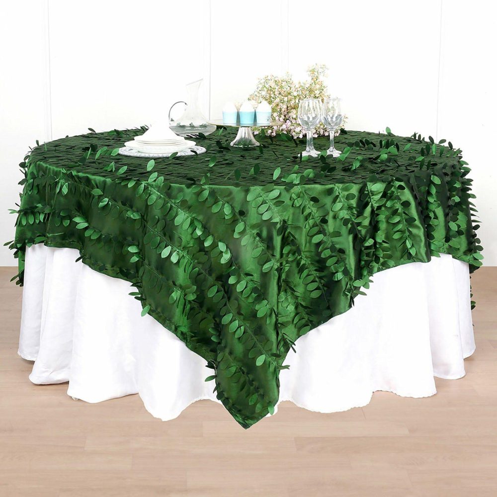 Green Leaf Petal Taffeta Table Overlay, Square Tablecloth Topper 90″x90″  |   Satin & Taffeta Satin & Taffeta Green