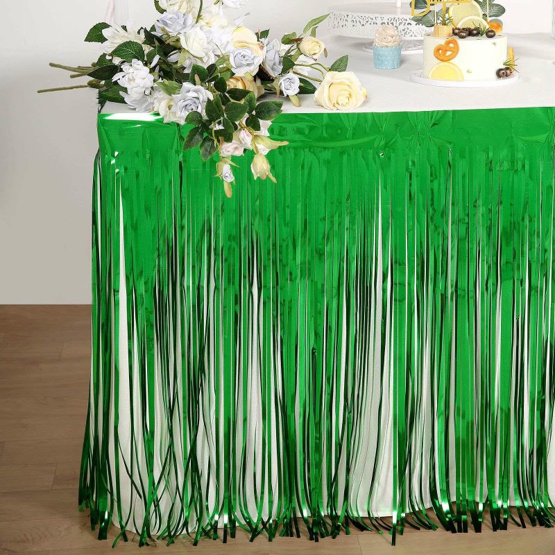 Green Metallic Foil Fringe Table Skirt, Self Adhesive Tinsel Table Skirt 30″x9ft  |   Disposable Tablecloth Disposable Tablecloth Disposable Tablecloth