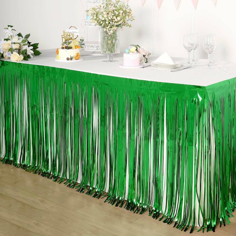 Green Metallic Foil Fringe Table Skirt, Self Adhesive Tinsel Table Skirt 30″x9ft  |   Disposable Tablecloth Disposable Tablecloth Disposable Tablecloth