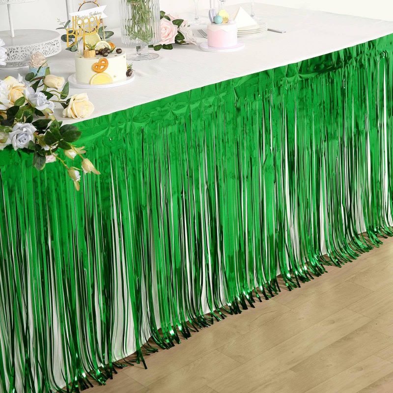 Green Metallic Foil Fringe Table Skirt, Self Adhesive Tinsel Table Skirt 30″x9ft  |   Disposable Tablecloth Disposable Tablecloth Disposable Tablecloth