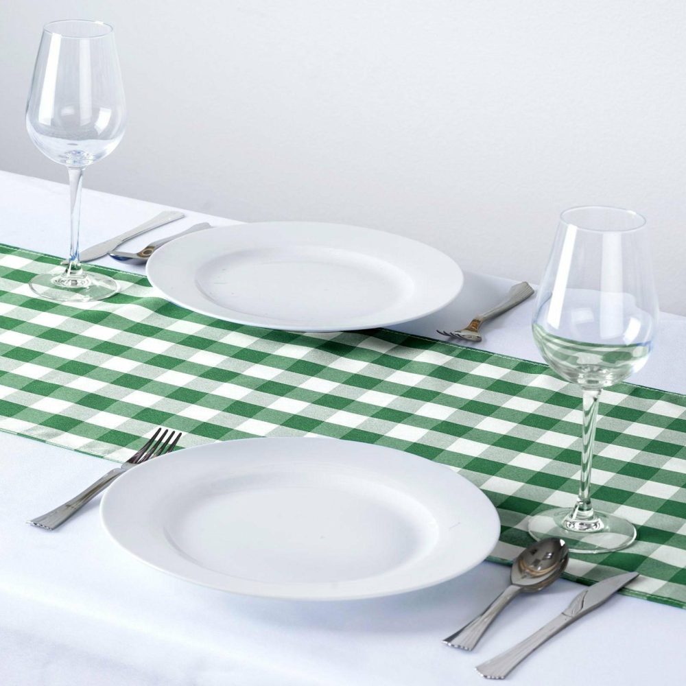 Green / White Buffalo Plaid Table Runner, Gingham Polyester Checkered Table Runner 14″x108″  |   Polyester Polyester Green