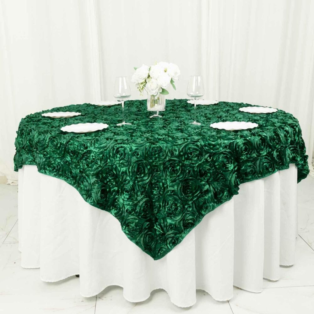 Hunter Emerald Green 3D Rosette Satin Table Overlay, Square Tablecloth Topper 72″x72″  |   Satin & Taffeta Satin & Taffeta Hunter Emerald Green