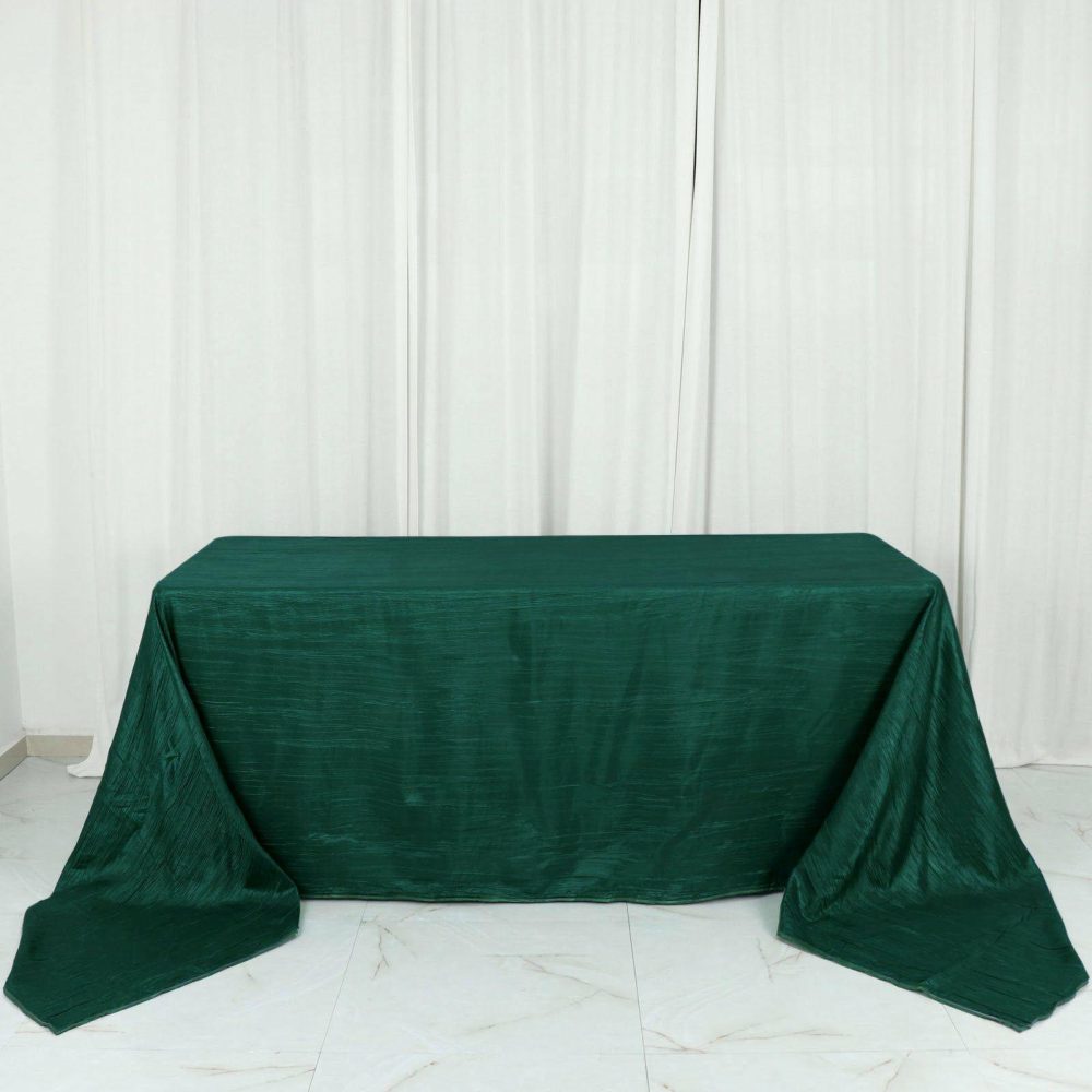 Hunter Emerald Green Accordion Crinkle Taffeta Seamless Rectangular Tablecloth 90″x156″ for 8 Foot Table With Floor-Length Drop  |   Pintuck, Crinkle & Leaf Pintuck, Crinkle & Leaf Hunter Emerald Green