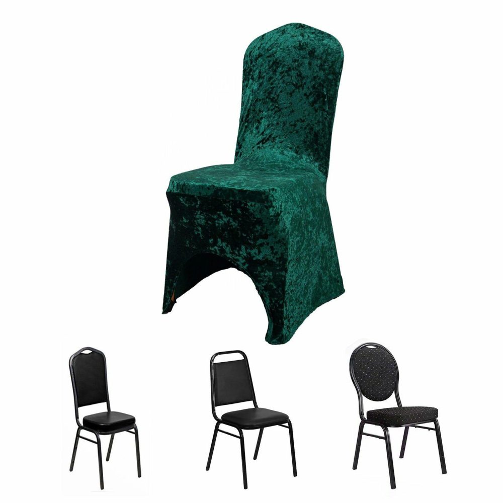 Hunter Emerald Green Crushed Velvet Spandex Stretch Banquet Chair Cover With Foot Pockets, Fitted Wedding Chair Cover 190 GSM  |   Spandex Fitted Banquet Chair Covers Hunter Emerald Green