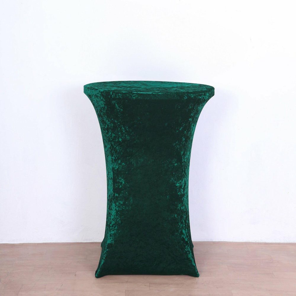 Hunter Emerald Green Crushed Velvet Stretch Fitted Round Highboy Cocktail Table Cover  |   Spandex & Fitted Spandex & Fitted Hunter Emerald Green