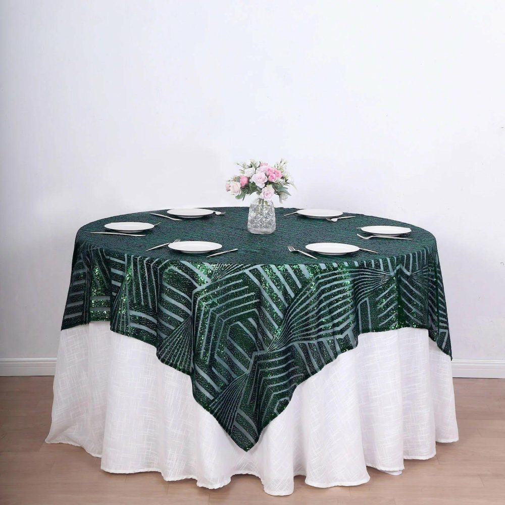 Hunter Emerald Green Diamond Glitz Sequin Table Overlay Topper 72″ Square  |   Sequin Sequin Hunter Emerald Green