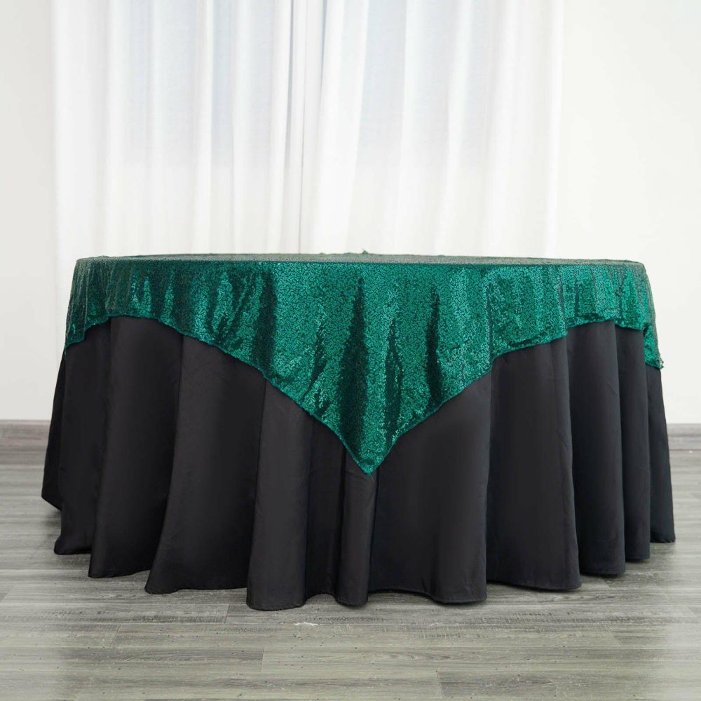 Hunter Emerald Green Duchess Sequin Square Table Overlay 60″x60″  |   Sequin Sequin Hunter Emerald Green