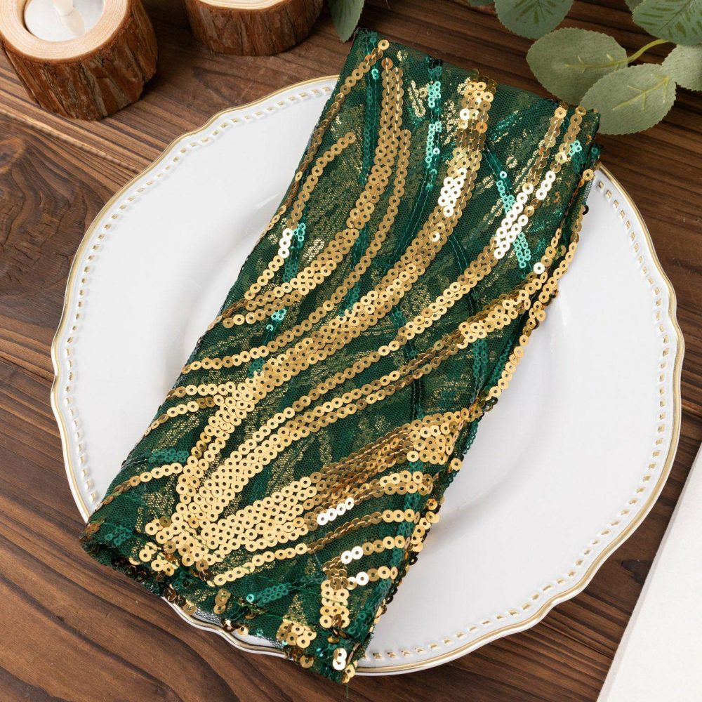 Hunter Emerald Green Gold Wave Embroidered Sequin Mesh Dinner Napkin, Reusable Decorative Napkin 20″x20″  |   Shimmer & Sequin Cloth Napkins Hunter Emerald Green/Gold