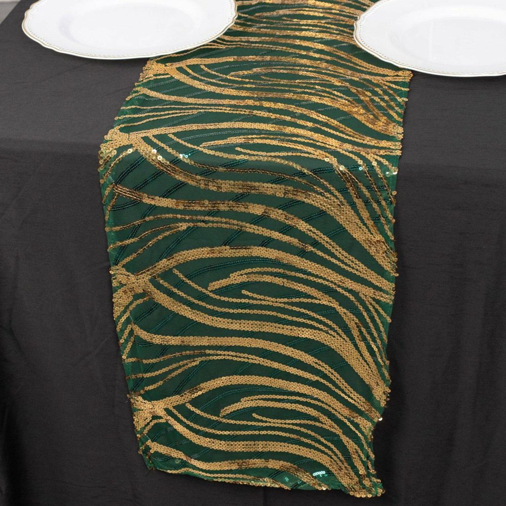 Hunter Emerald Green Gold Wave Embroidered Sequins Table Runner 12″x108″  |   Sequin Sequin Hunter Emerald Green/Gold