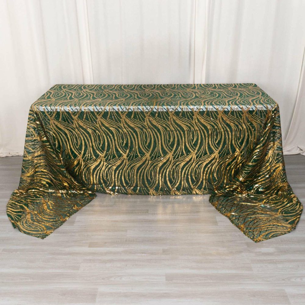 Hunter Emerald Green Gold Wave Mesh Rectangular Tablecloth With Embroidered Sequins 90″x156″ for 8 Foot Table With Floor-Length Drop  |   Sequin Sequin Gold