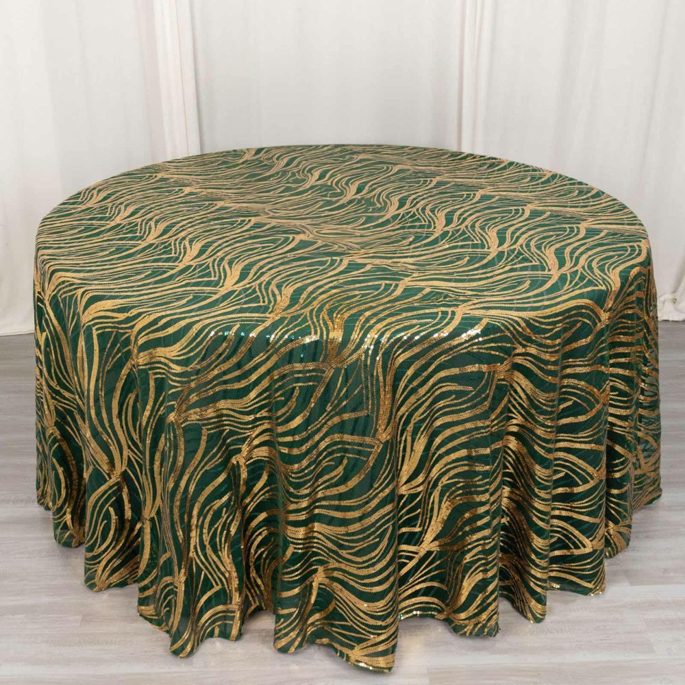 Hunter Emerald Green Gold Wave Mesh Round Tablecloth With Embroidered Sequins 120″ for 5 Foot Table With Floor-Length Drop  |   Sequin Sequin Gold