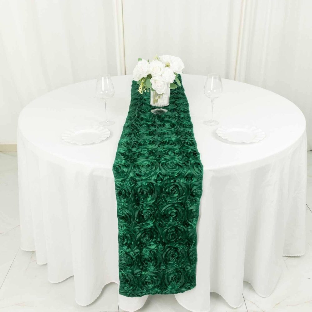 Hunter Emerald Green Grandiose 3D Rosette Satin Table Runner 14″x108″  |   Satin & Taffeta Satin & Taffeta Hunter Emerald Green