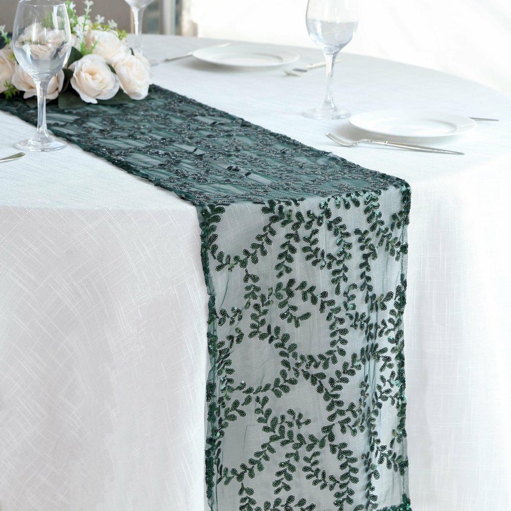 Hunter Emerald Green Leaf Vine Embroidered Sequin Mesh Like Table Runner 12″x108″  |   Sequin Sequin Hunter Emerald Green