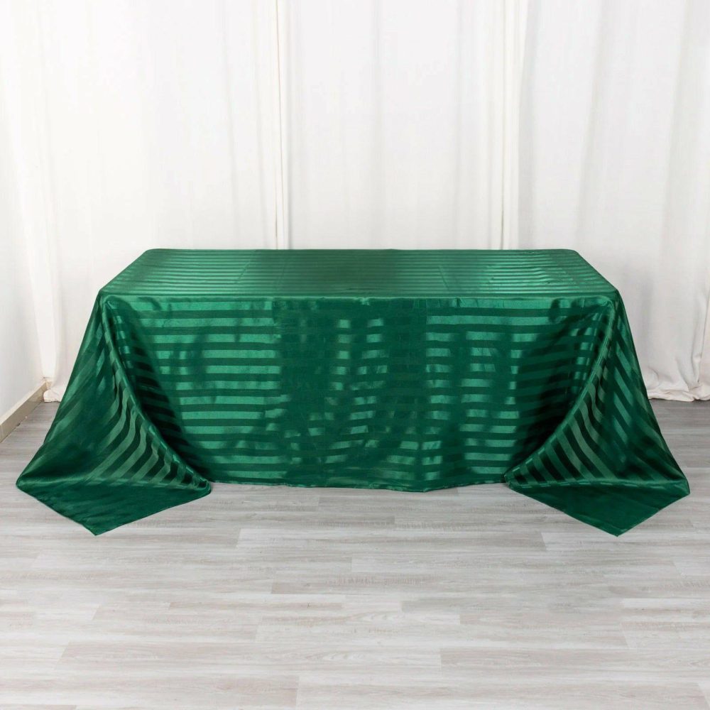 Hunter Emerald Green Satin Stripe Seamless Rectangular Tablecloth 90″x132″ for 6 Foot Table With Floor-Length Drop  |   Satin Satin Hunter Emerald Green