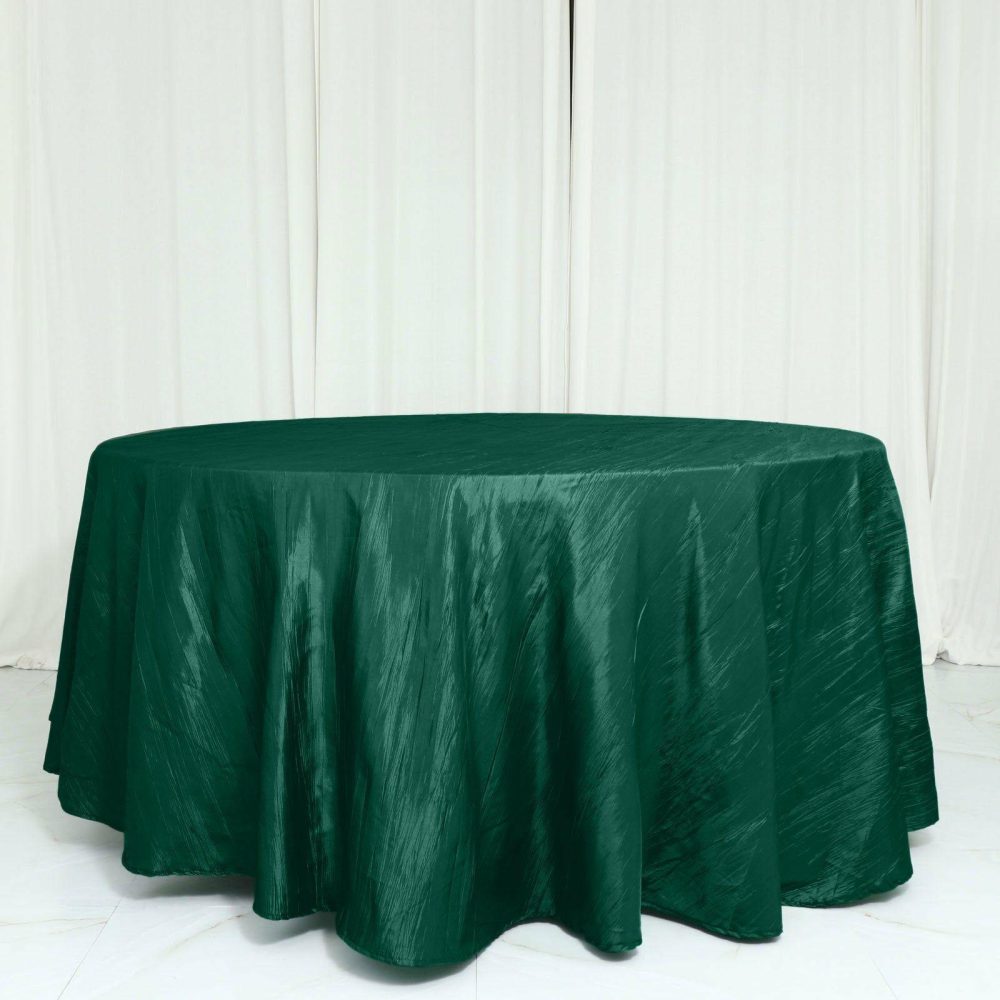 Hunter Emerald Green Seamless Accordion Crinkle Taffeta Round Tablecloth 120″ for 5 Foot Table With Floor-Length Drop  |   Pintuck, Crinkle & Leaf Pintuck, Crinkle & Leaf Hunter Emerald Green