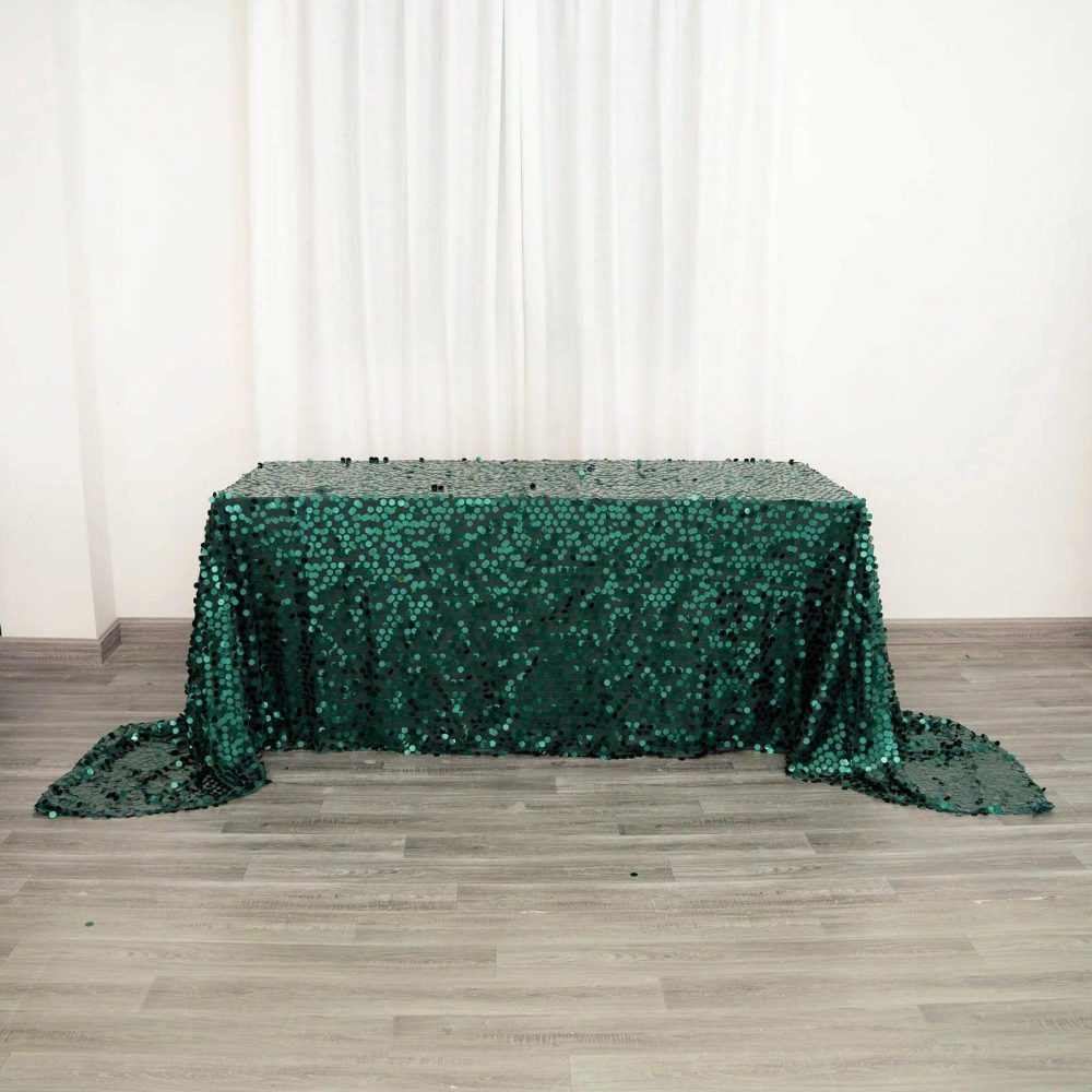 Hunter Emerald Green Seamless Big Payette Sequin Rectangle Tablecloth Premium 90″x156″ for 8 Foot Table With Floor-Length Drop  |   Sequin Sequin Hunter Emerald Green