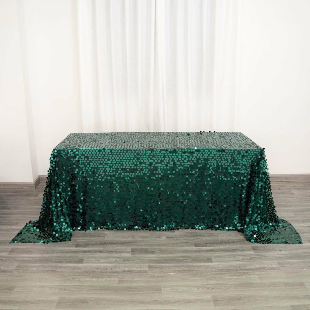 Hunter Emerald Green Seamless Big Payette Sequin Rectangle Tablecloth Premium Collection 90″x132″ for 6 Foot Table With Floor-Length Drop  |   Sequin Sequin Hunter Emerald Green