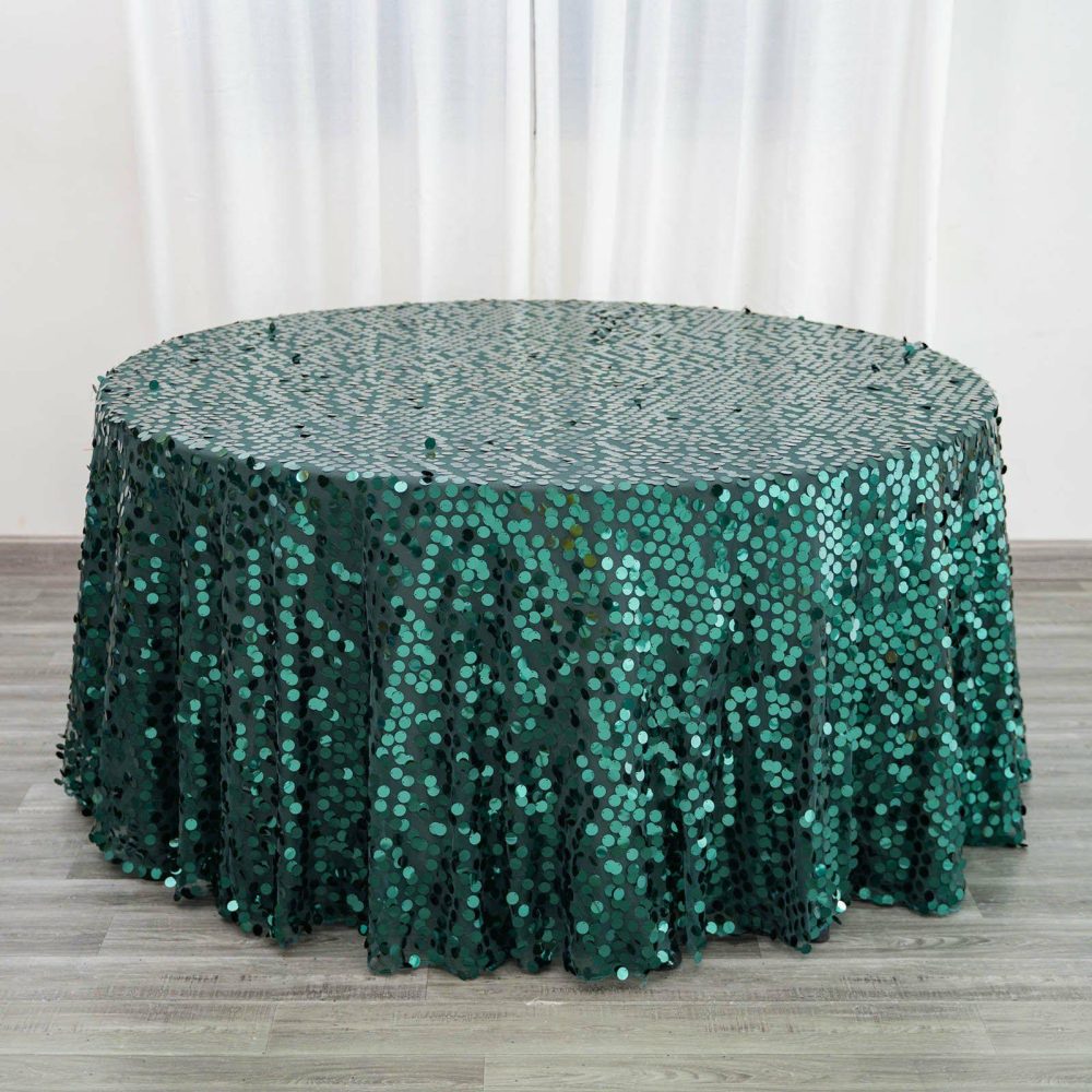 Hunter Emerald Green Seamless Big Payette Sequin Round Tablecloth Premium Collection 120″ for 5 Foot Table With Floor-Length Drop  |   Sequin Sequin Hunter Emerald Green