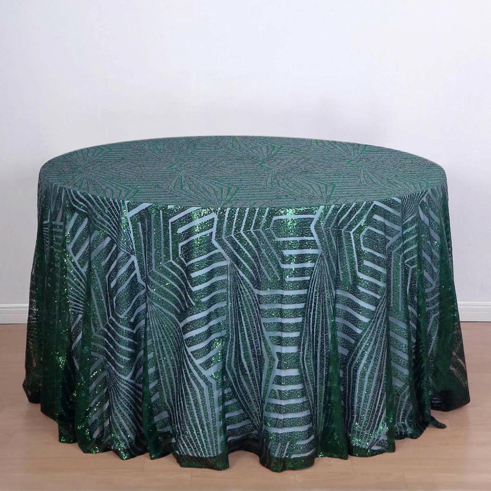 Hunter Emerald Green Seamless Diamond Glitz Sequin Round Tablecloth 120″ for 5 Foot Table With Floor-Length Drop  |   Sequin Sequin Hunter Emerald Green