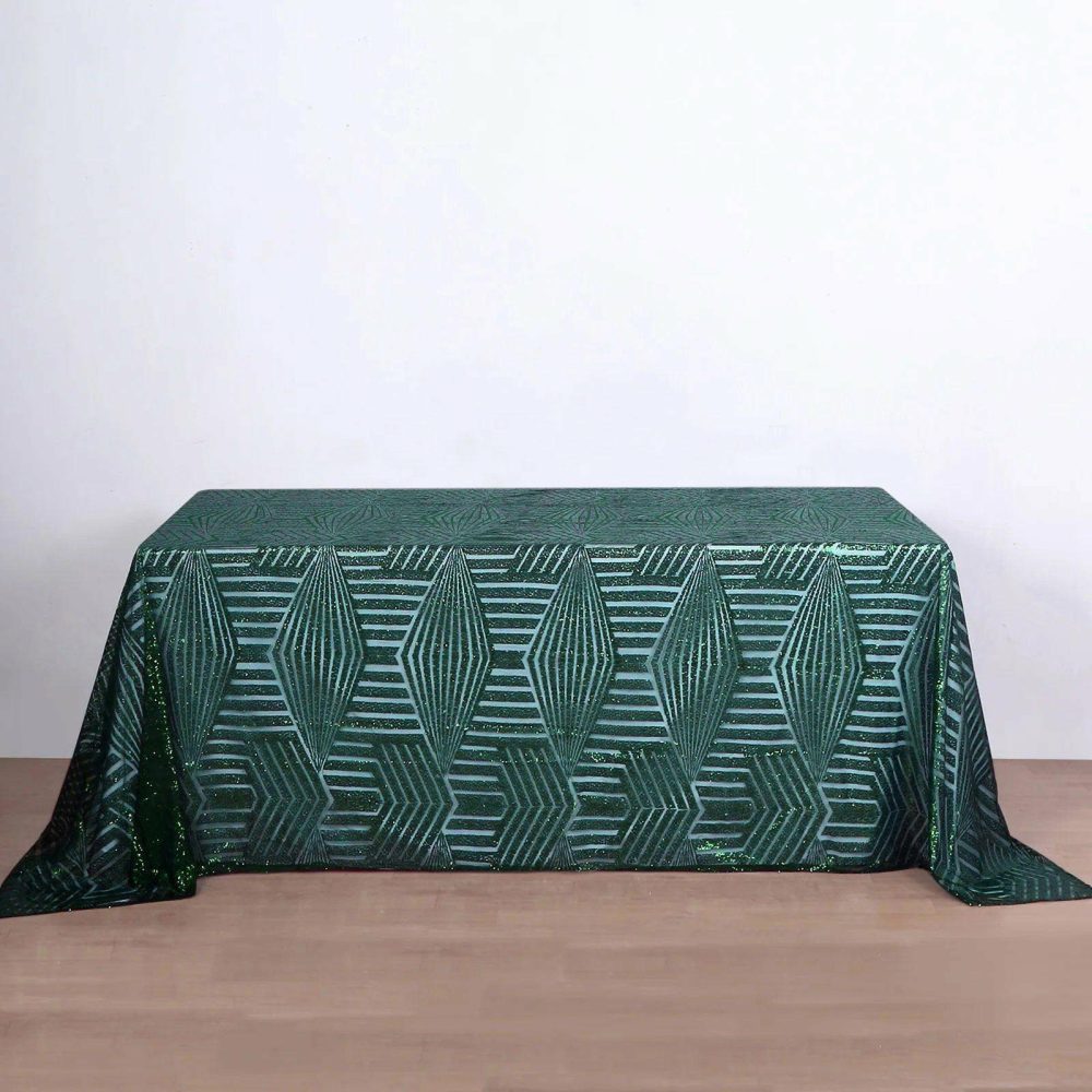 Hunter Emerald Green Seamless Diamond Sequin Rectangular Tablecloth 90″x132″ for 6 Foot Table With Floor-Length Drop  |   Sequin Sequin Hunter Emerald Green