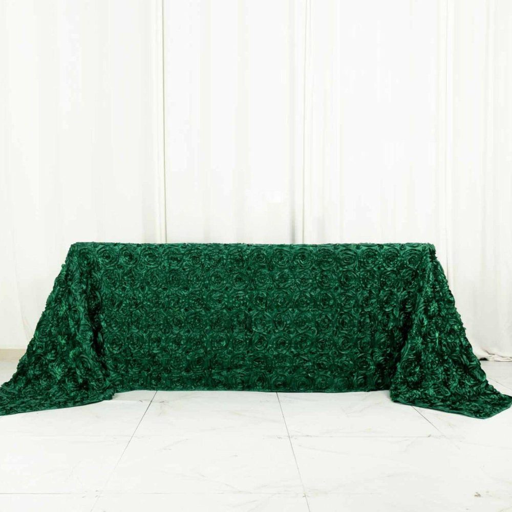 Hunter Emerald Green Seamless Grandiose 3D Rosette Satin Rectangle Tablecloth 90″x132″ for 6 Foot Table With Floor-Length Drop  |   Rosette Rosette Hunter Emerald Green