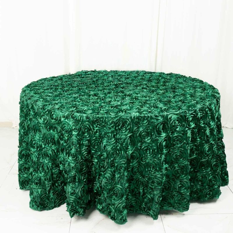 Hunter Emerald Green Seamless Grandiose 3D Rosette Satin Round Tablecloth 120″ for 5 Foot Table With Floor-Length Drop  |   Rosette Rosette Hunter Emerald Green