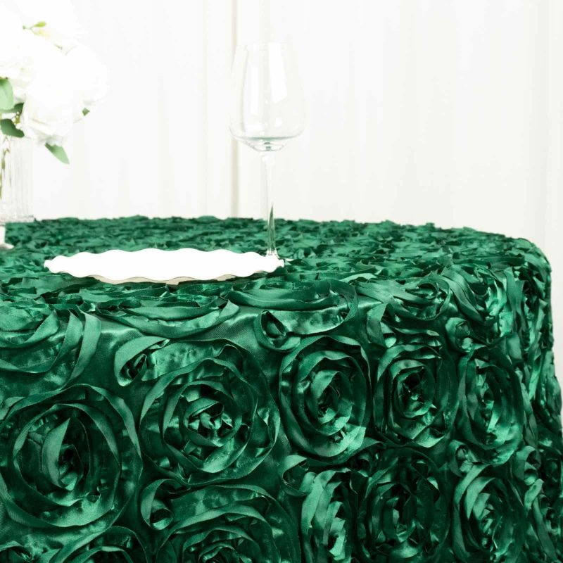 Hunter Emerald Green Seamless Grandiose 3D Rosette Satin Round Tablecloth 120″ for 5 Foot Table With Floor-Length Drop  |   Rosette Rosette Hunter Emerald Green