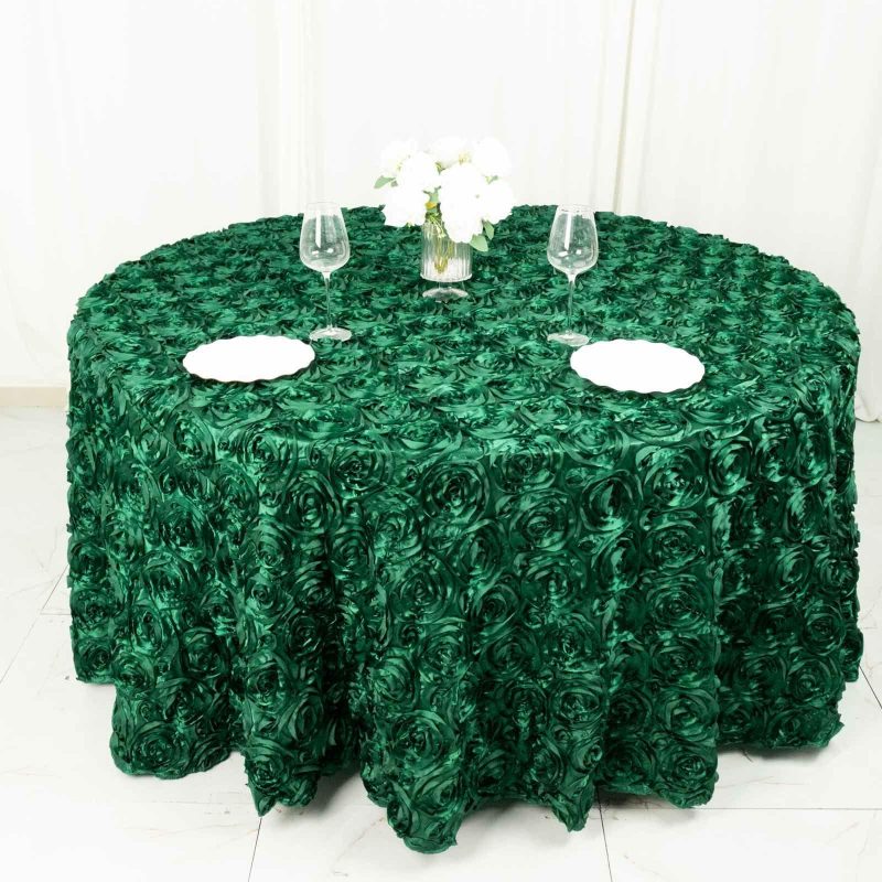 Hunter Emerald Green Seamless Grandiose 3D Rosette Satin Round Tablecloth 120″ for 5 Foot Table With Floor-Length Drop  |   Rosette Rosette Hunter Emerald Green