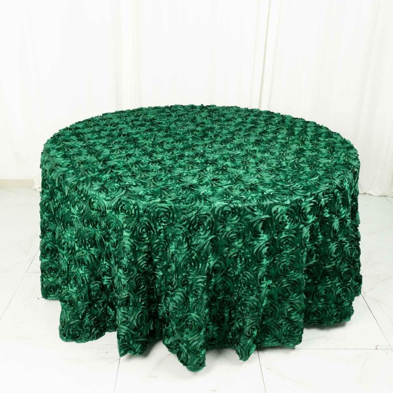 Hunter Emerald Green Seamless Grandiose 3D Rosette Satin Round Tablecloth 120″ for 5 Foot Table With Floor-Length Drop  |   Rosette Rosette Hunter Emerald Green