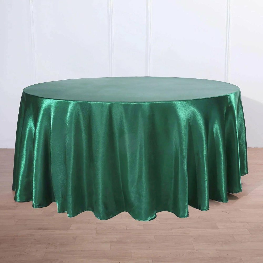 Hunter Emerald Green Seamless Satin Round Tablecloth 120″ for 5 Foot Table With Floor-Length Drop  |   Satin Satin Hunter Emerald Green